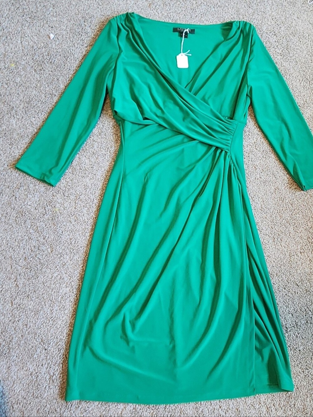 Lauren Ralph Lauren Emerald Green Faux-Wrap Long Sleeve Dress